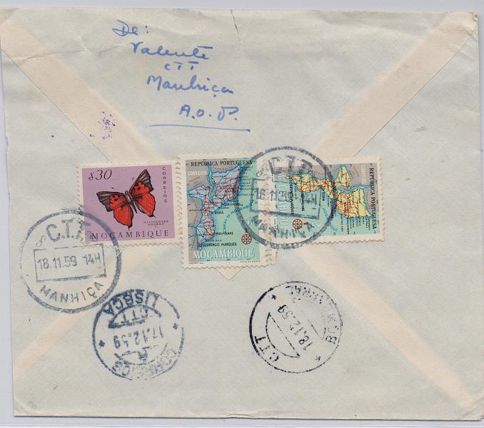 3391 v.jpg -     Lote:    3391 (verso)      Lotes pelo Correio              Descrição:         Carimbos circulares datados. Sobrescrito circulado registado de Manhiça (16.11.59) para Bombarral, com selos CE391, 413, 414 e 427. Carimbo batido a preto "MANHIÇA".        Carta       Valor Base:     &euro; 8,00     Valor Venda:     &euro;      